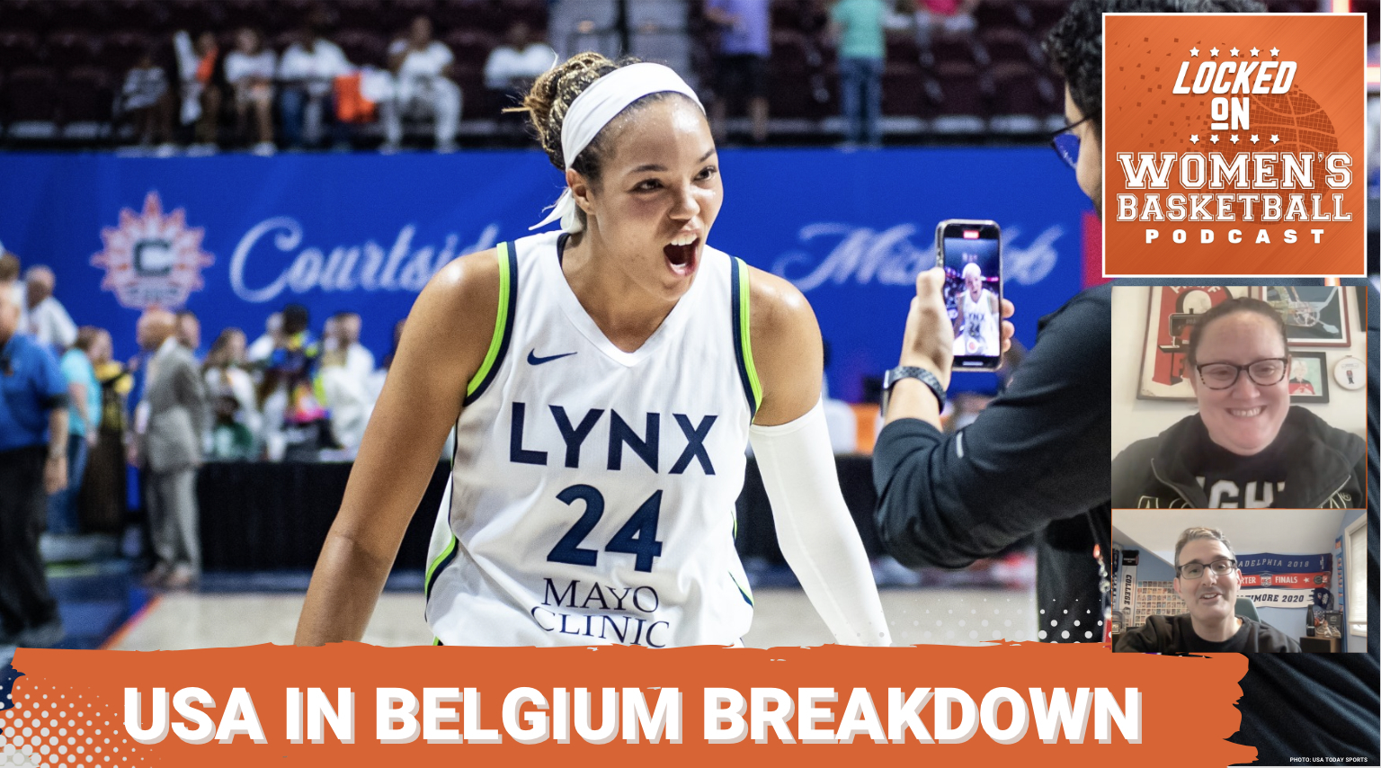 A close-up photo of Minnesota Lynx forward Napheesa Collier with her mouth open in celebration during a game. The text "USA in Belgium breakdown" is overlaid at the bottom in all caps, and the orange Locked On Women's Basketball logo is in the top right corner.